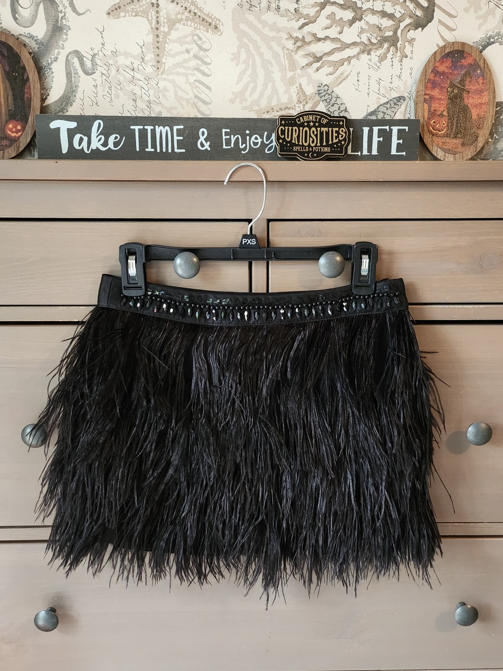 Express Black Ostrich Feather Mini Skirt with Beaded Waist Trim